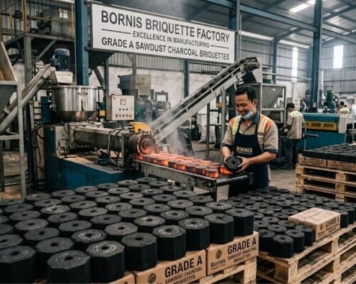 Grade A Sawdust Charcoal Briquettes Manufacturer Bornis Briquette Factory Excellence